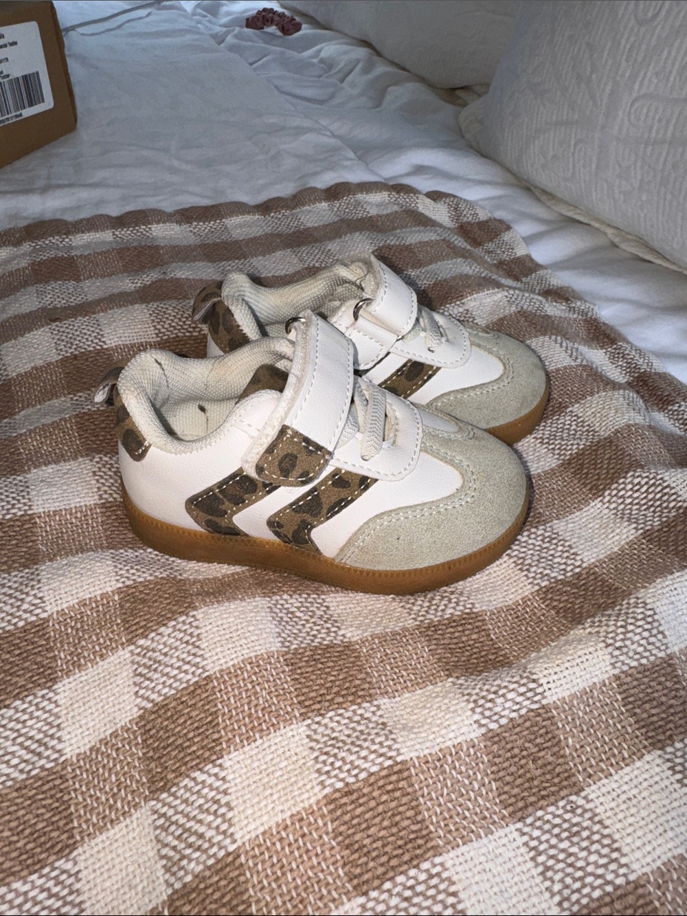 Toddler White Sneakers with Tan & Leopard Trim